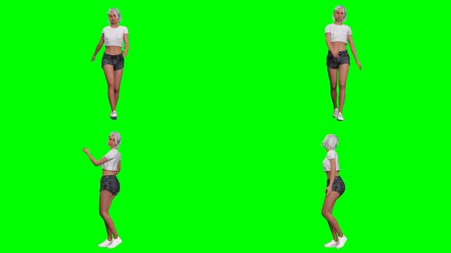 fitness woman model is running jumping slipping and standing on green screen chromakey background for 3D animated cartoonnimation. Perfect for your video creators and multimedia arts.