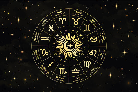 Vector Golden zodiac wheel with astrological symbols and radiant sun on dark background. Elegant celestial design inspired by astrology, horoscope