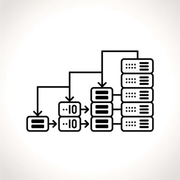 Black line art icon of data flow diagram with server racks and processing nodes, illustrating network architecture.