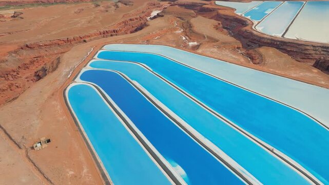 Aerial view of the Potash Evaporation Ponds, where the vibrant turquoise waters create a stark contrast with the arid, red-rock landscape, Moab, Utah, United States.