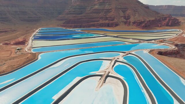 Aerial view of the potash evaporation ponds creating a vibrant contrast with the red desert landscape, Moab, Utah, United States.
