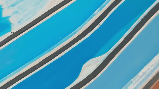 Aerial view of the turquoise and white evaporation ponds contrasting against the dark barriers and sandy earth, Moab, Utah, United States.