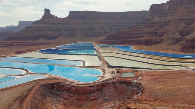 Aerial view of colorful potash evaporation ponds contrasting against the red desert landscape and mesas, Moab, Utah, United States.
