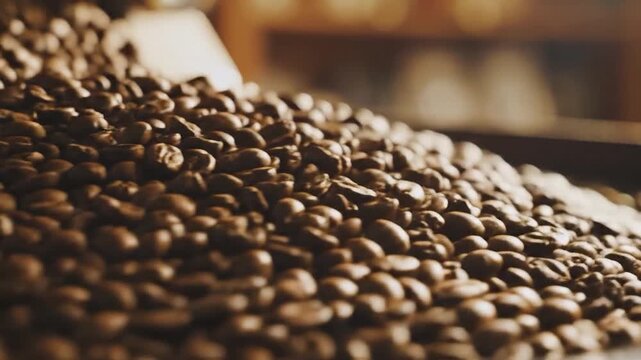 Freshly roasted coffee beans cascading in a rich brown pile, ready for brewing.