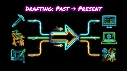 Neon diagram illustrating drafting evolution from hand tools to digital workflows