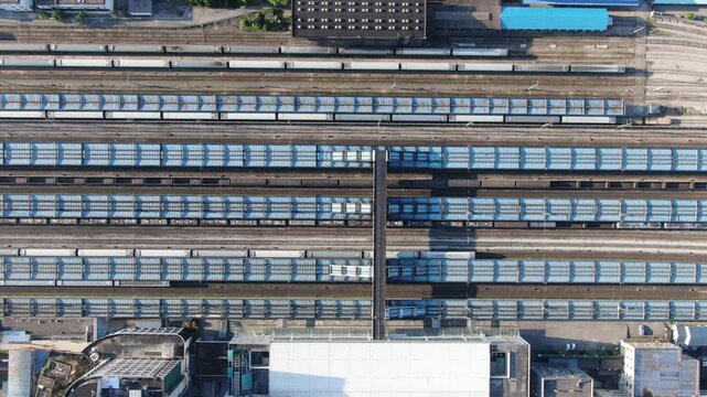 Aerial Freight Train Yard with Blue Cargo Containers