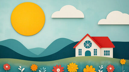 Fototapeta premium Paper cut style house with red roof on green hills under sun and clouds, cheerful spring scene