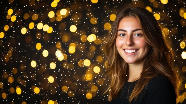 Woman smiling against gold bokeh background