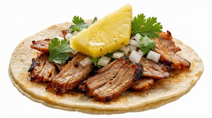 Taco al Pastor with grilled pork topped with diced onion cilantro and pineapple