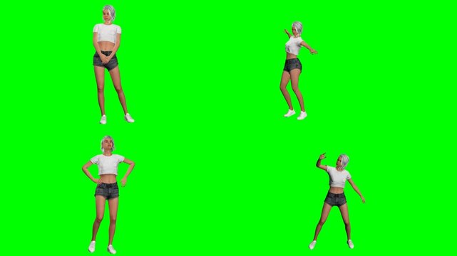fitness woman model is exercising jumping bending and posing on green screen chromakey background for 3D animated cartoonnimation. Superb for neat video projects and multimedia clips.