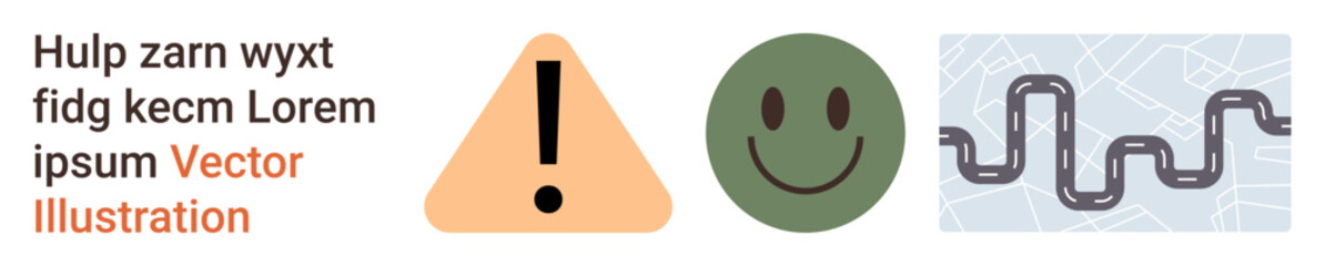 Obraz premium Safety awareness, navigation, road infrastructure, travel guidance, positivity, conceptual visuals. Warning sign, happy face road map. Safety awareness and navigation concept