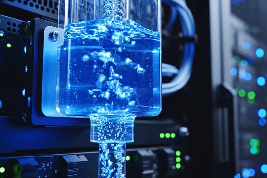 digital transformation automation ecosystem concept. Close-up of liquid cooling system inside a computer server or hardware unit.