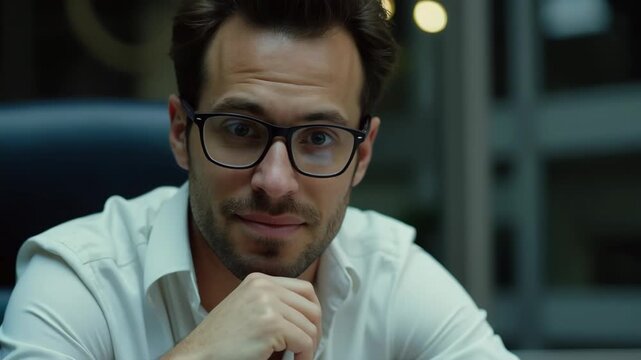 Close up shot handsome he him his macho guy ponder pensive having online currency business chat email letters attentive notebook table sit big office chair wear specs formal-wear white shir.