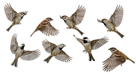 Obraz premium A group of small flying birds moving through the air displays the dynamics of group movement and contrasting silhouettes including the dominant figure of an eagle among the flock.