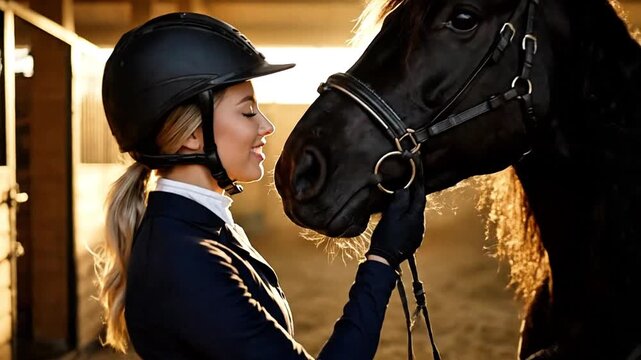 Equestrian bonding moment between a focused female rider wearing riding attire and her beautiful dark horse inside a warmly lit stable environment during golden hour.