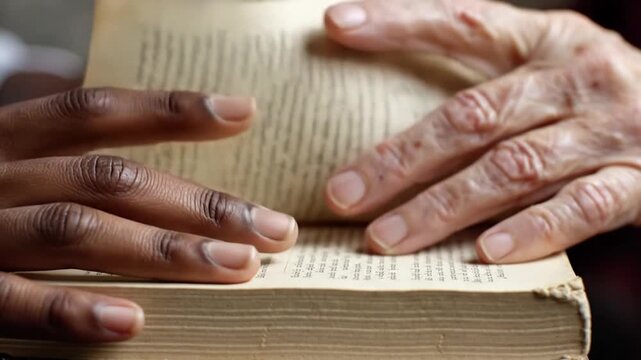 Diverse generational hands resting on a vintage book