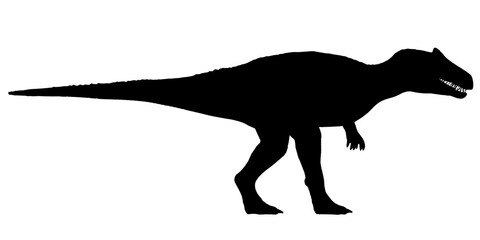 A black and white silhouette of a T-Rex, an allosaurus dinosaur, stands against a clean white background. Side view © German Ovchinnikov