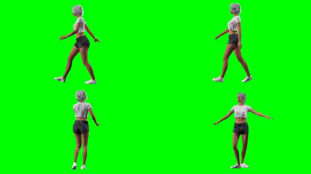 fitness woman model is running jumping slipping and standing on green screen chromakey background for 3D animated cartoonnimation. Ideal for custom video project and multimedia works.