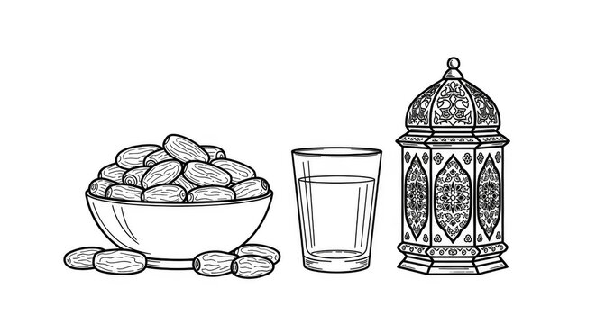 Bowl of dates with water and a traditional lantern for Ramadan Iftar.