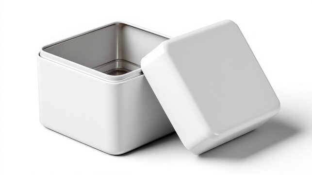 A pristine white square tin container is displayed with its lid slightly ajar on a clean white surface casting a gentle shadow highlighting its minimalist form.