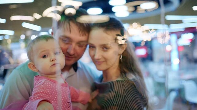 Family Joy and Connection Captured Through a Glass Barrier: A Cherished Moment Between Parents and Their Child in a Contemporary Atmosphere