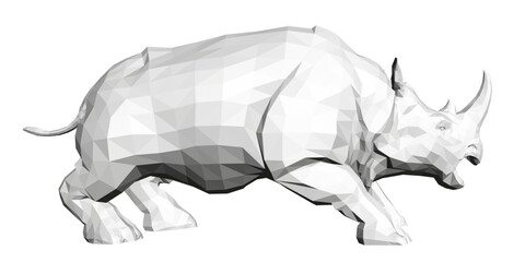 A low poly rhinoceros growls aggressively on a clean white background. Its polygonal form is rendered in striking shades of grey.