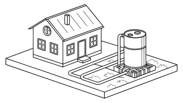 Simple line drawing of house with septic tank and drain field.