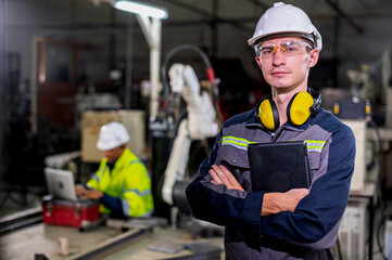 Robotics control engineers setting and maintain spare parts of industrial robot arm controller in production plant factory