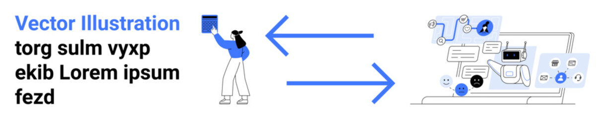 Data sharing, technology integration, remote work, digital communication, workflow management, information systems. Person interacting with arrows and computer screen visuals. Data sharing © robu_s