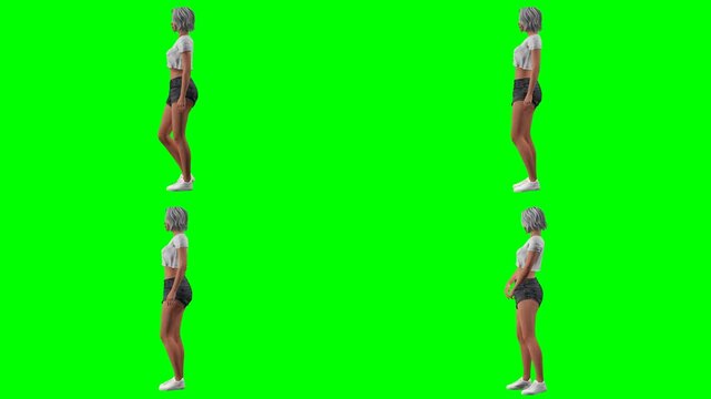 fitness woman model is stretching lunging warming and moving on green screen chromakey background for 3D animated cartoonnimation. Superb for neat video projects and multimedia clips.