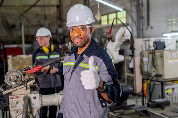 Robotics control engineers setting and maintain spare parts of industrial robot arm controller in production plant factory