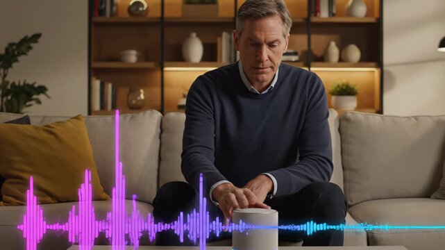 Middle-aged man with light brown hair interacts with smart speaker on couch, colorful sound waves displayed, modern living room with decorative shelves in background