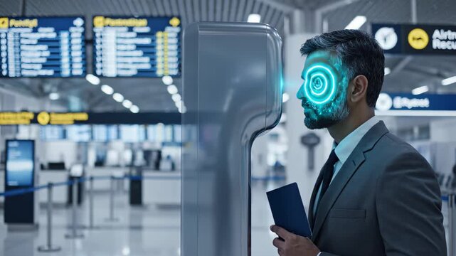 South Asian man in gray suit approaches biometric scanner at airport, passport in hand, as digital facial recognition technology activates in a modern terminal