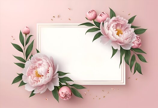 Delicate floral frame mockup with pink peonies and green leaves on soft pink background