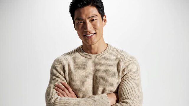 confident asian man standing with crossed arms on white background. handsome male model wearing beige knit sweater and jeans. casual fashion, masculinity concept.