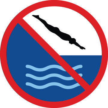 No diving warning sign indicating prohibition of entering water headfirst due to safety risks