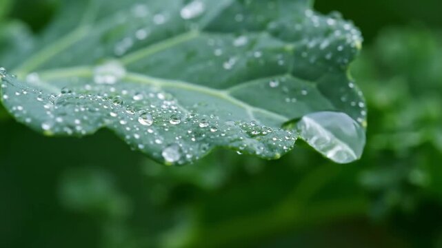 Water droplets gather and drip from a fresh green leaf. The process of water movement on plant foliage.