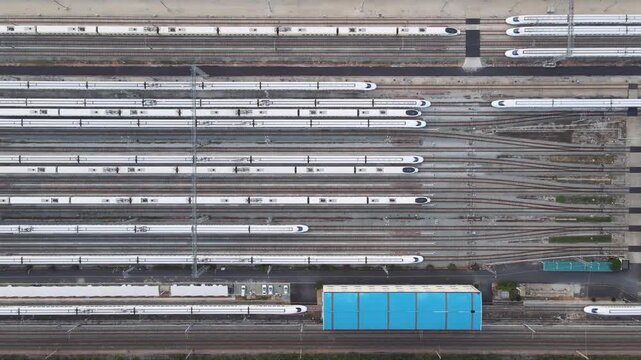 Aerial Railway Depot with Multiple High-Speed Trains on Parallel Tracks