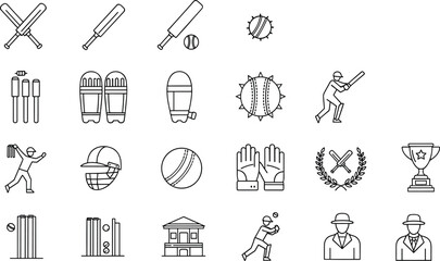Cricket sport line icons set featuring bats balls players equipment stadium trophy symbols outline vector illustration © shihab