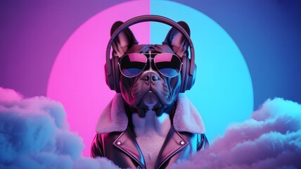 A stylish french bulldog wearing sunglasses and headphones in a vibrant neon cyberpunk setting