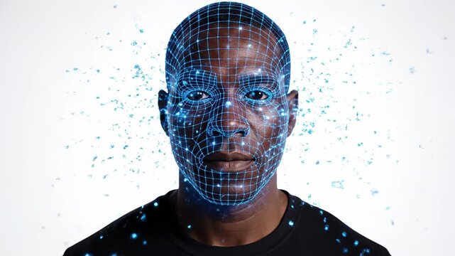 African American male model with digital facial mapping, showcasing progressive stages of facial recognition technology in a clean, bright studio environment. scanning security, face recognition