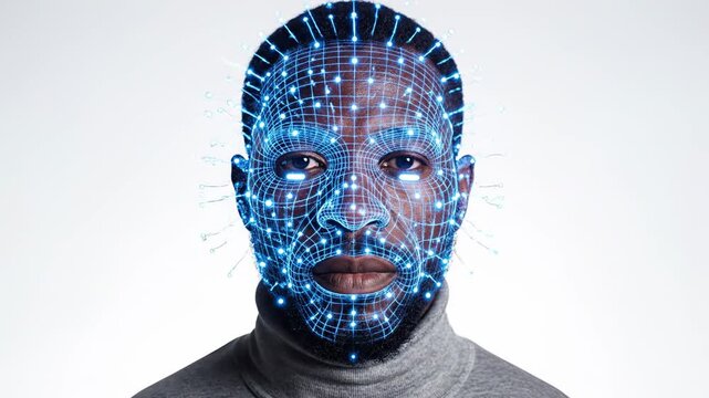 African man with facial recognition technology overlay, showcasing progressive visual effects on his face in a studio setting with bright background. scanning security, face recognition