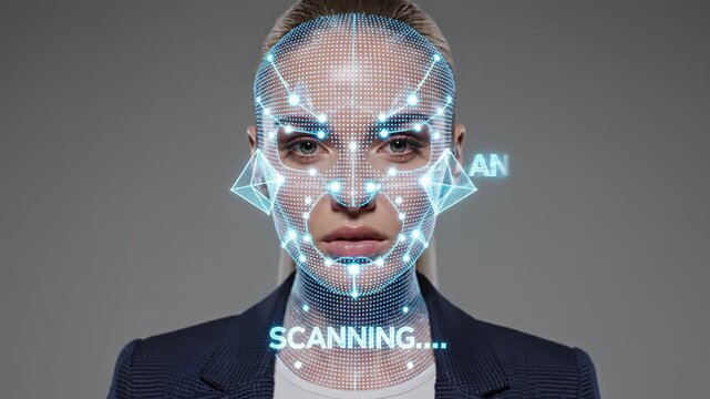 Female model with digital facial recognition technology displaying scanning and analysis process in a modern studio environment. scanning security, face recognition