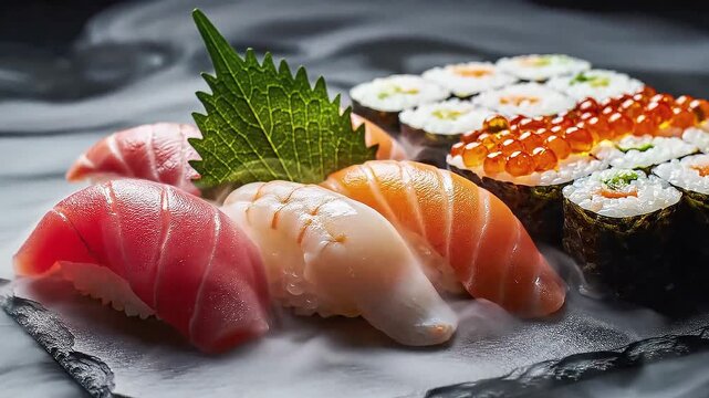 Cinematic assorted sushi platter served with dry ice mist on black slate. Fresh nigiri and maki rolls presentation with flowing cold vapor