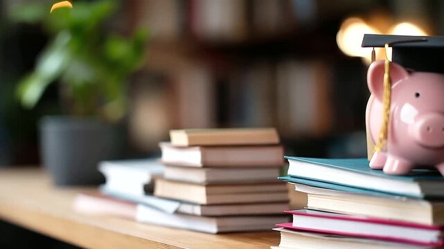 Pink piggy bank wearing graduation cap near stack books display education costs savings financial planning college university student loans defocused bookshelf background wit
