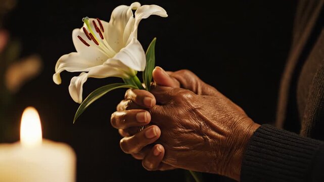 elderly african hands holding white lily flower near burning candle. symbol of easter resurrection and funeral grief. memorial service, prayer, religion concept.