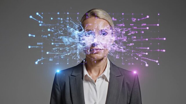 Businesswoman in suit experiences digital transformation with colorful light effects emerging from her face in a modern studio setting. scanning security, face recognition