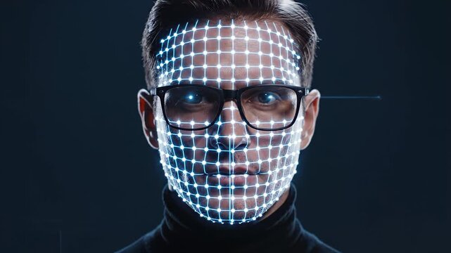 Male model with glasses transitions from digital eye scanning to a grid overlay on his face, showcasing advanced facial recognition technology in a dark setting. scanning security, face recognition