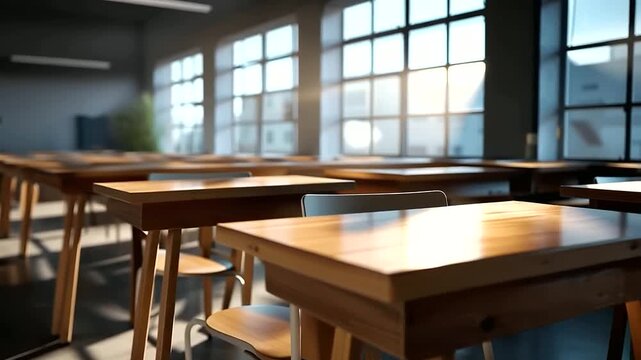 Sunlight streams into empty classroom visualization rows of wooden desks chairs educational space illustration learning environment display academic facility interior