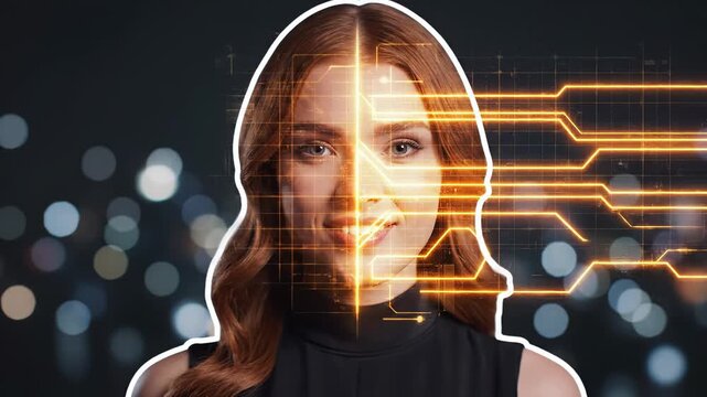 Young woman with red hair transitions from a digital overlay to a clear portrait against a blurred city background, showcasing a futuristic aesthetic. scanning security, face recognition